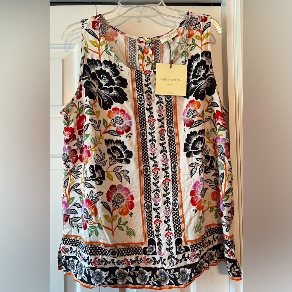Cynthia Rowley Multi Floral Print Back Button Tunic Top NWT 1X #2261